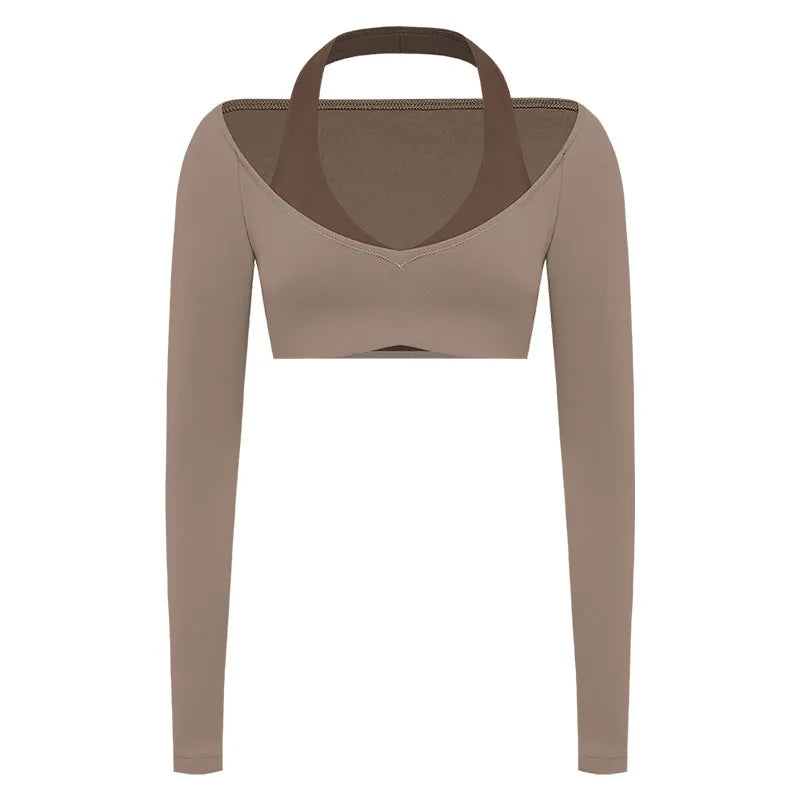 Women's Fake Two-Piece Sports Long Sleeve Halter Neck Pilates Yoga Shirt Slim Fit Fitness Sports Top Leggings Workout Tights