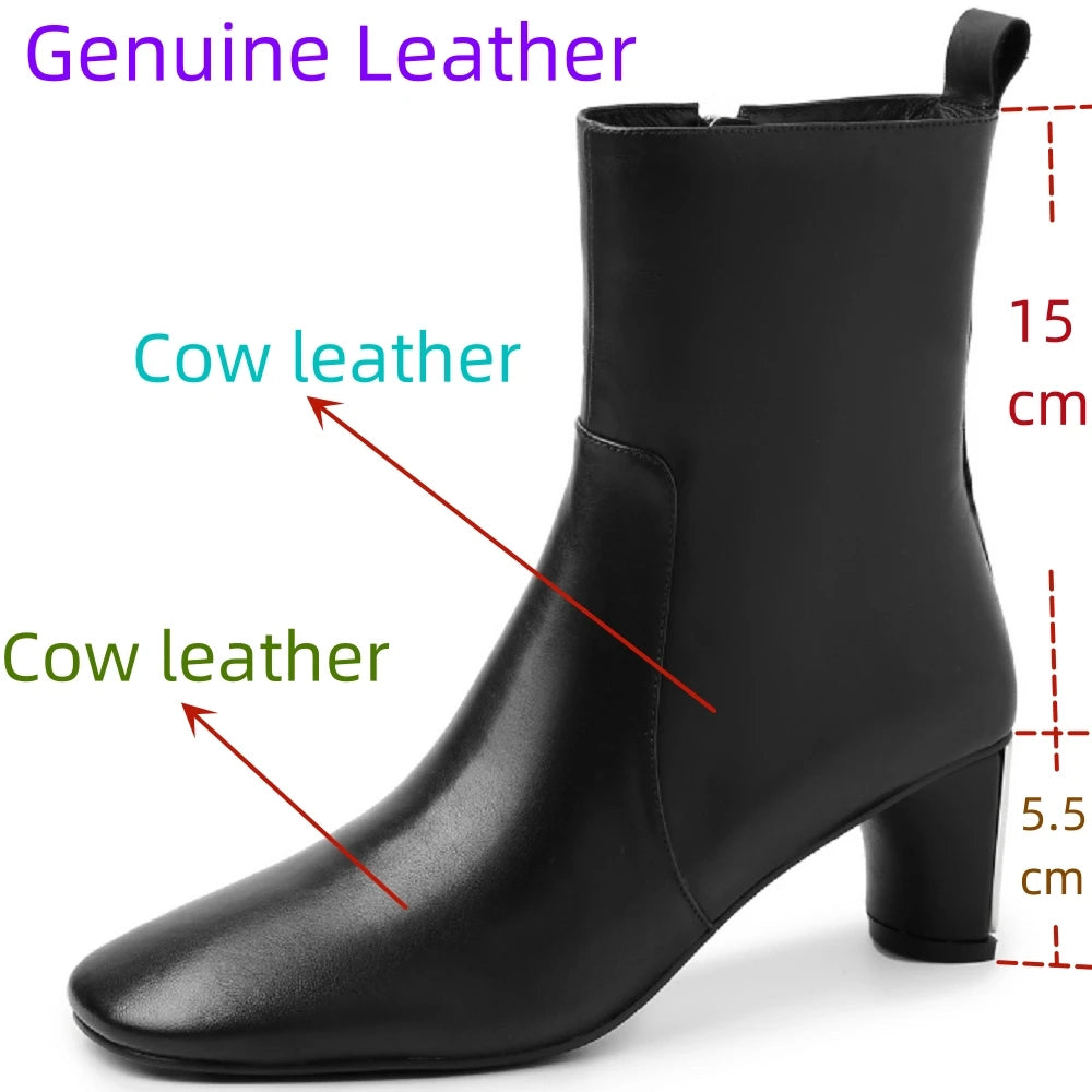 New Handmade Genuine Leather women's Round Toe Med Heels Ankle Boots For Party Dating Shoes Office Lady 33-40