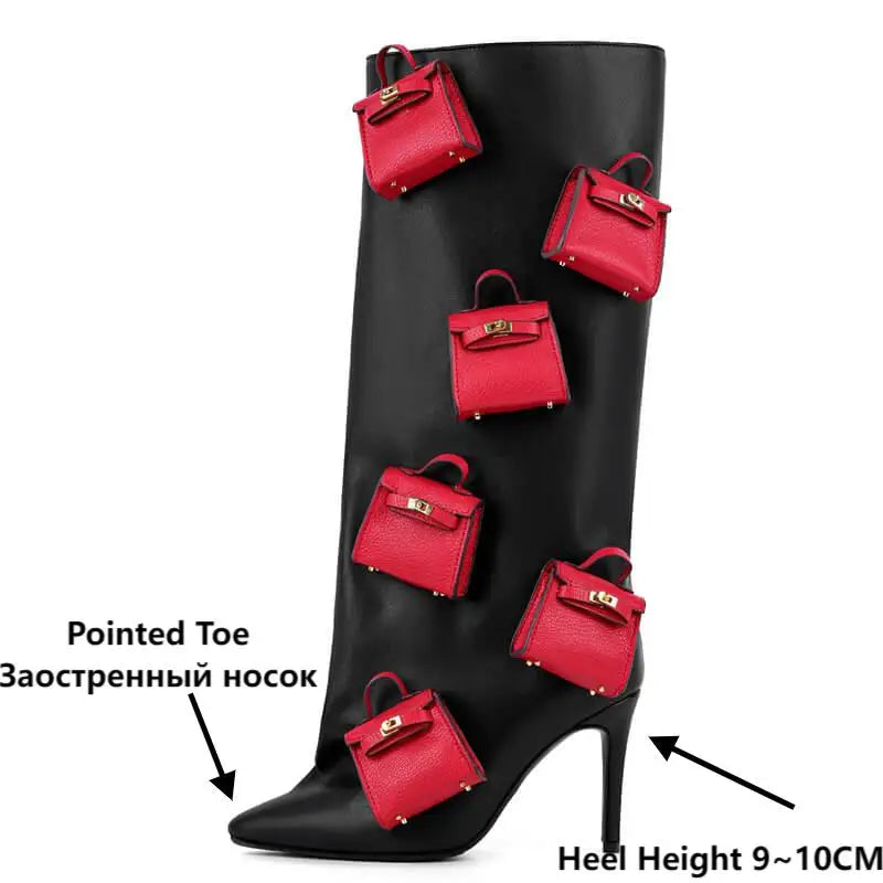 Women Pointed Toe Purse Decorated Knee High Boots Fashion Mid Calf Pull On Boots