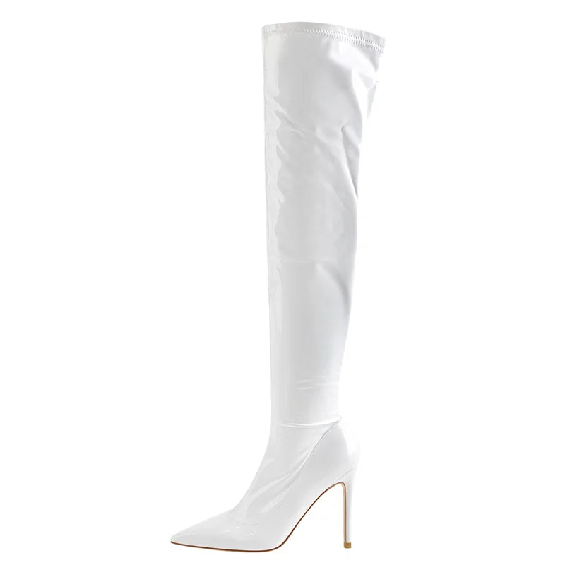 Onlymaker Women Pointed Toe Side Zipper Patent Leather Thin High Heels Concise Sexy Party Over The Knee Spring Autumn  Boots