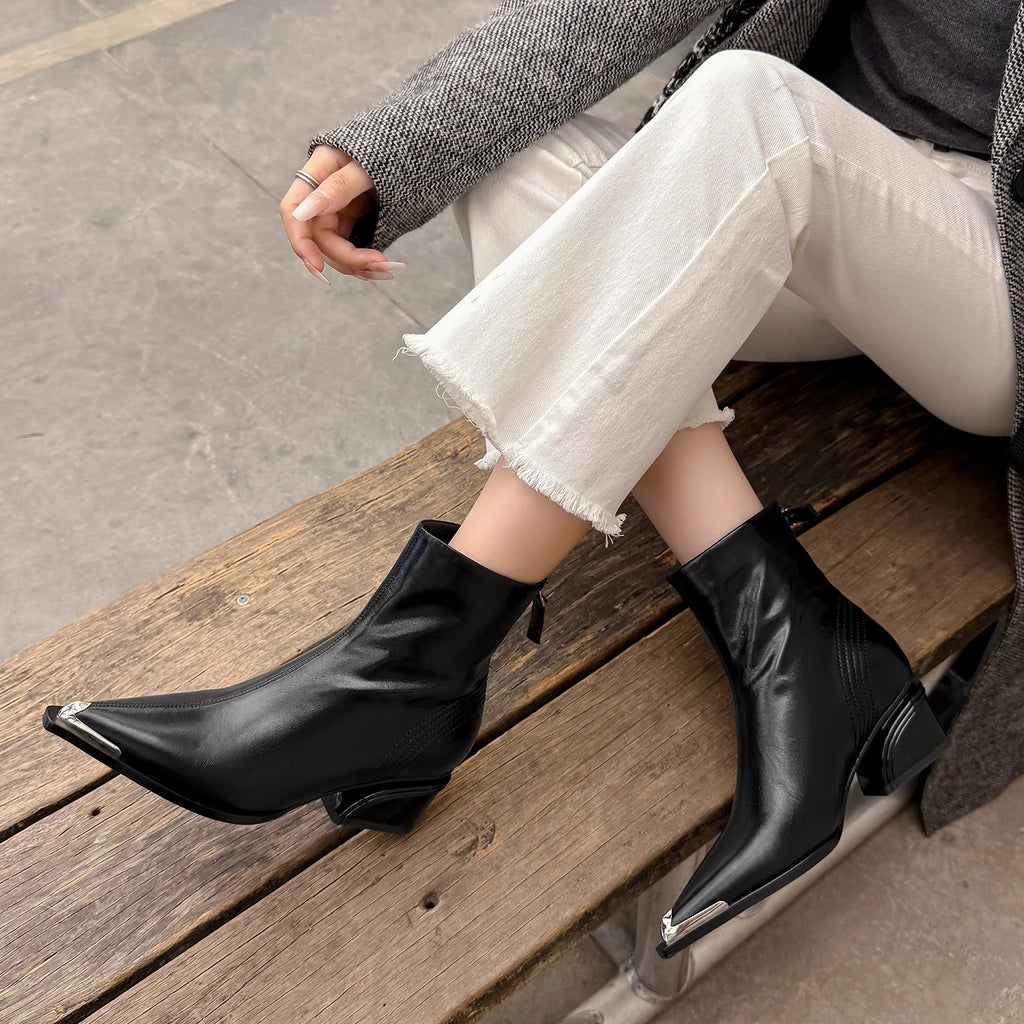 New Style Handmade Genuine Leather Pointed Toe Ankle Boot Slimming Stylish Casual High Heel Bestseller 33-40
