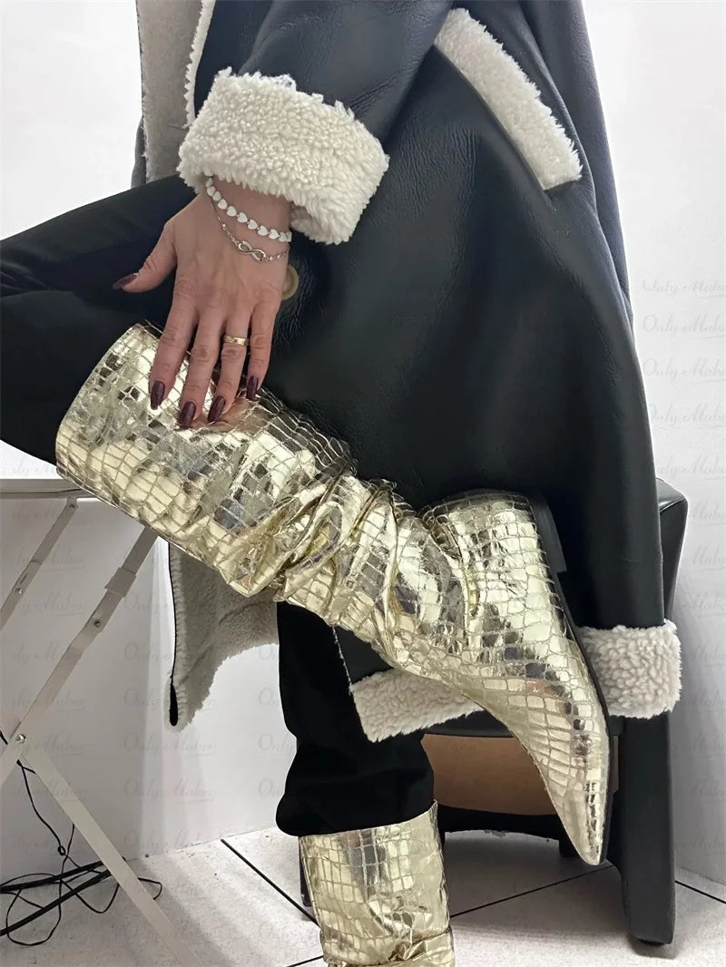 Onlymaker Women Gold Pointed Toe  Pleated Flat Knee High Boots  Block Heel Pull-On Metallic Fashion Warm Winter Boots