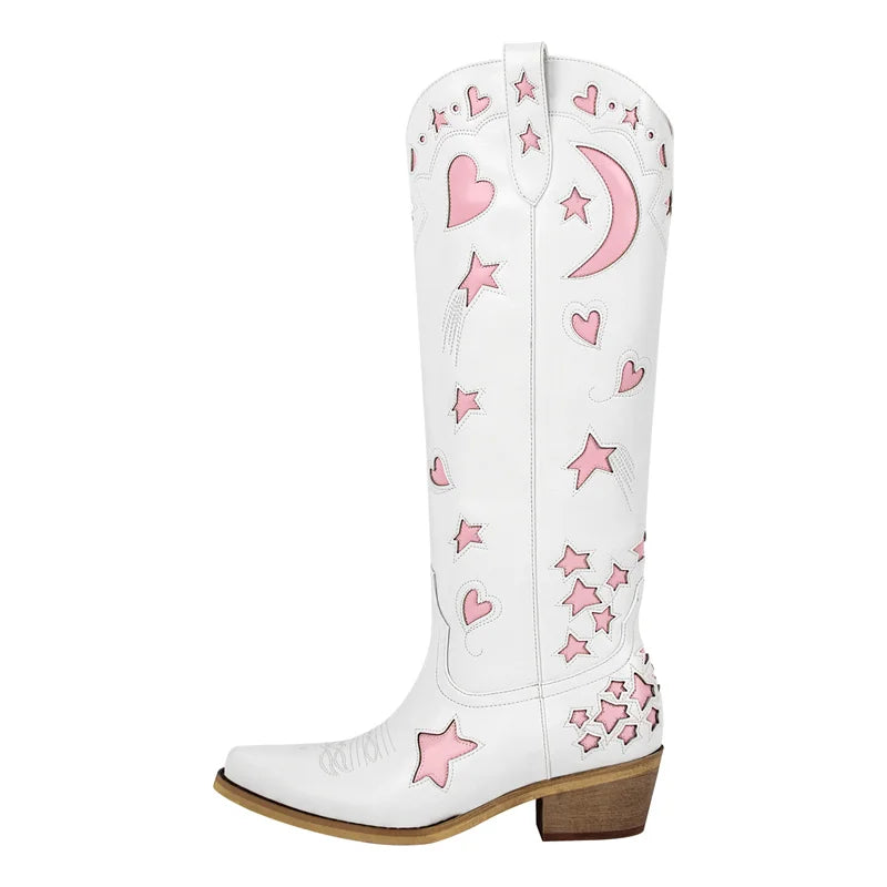 Onlymaker Women  Pointed Toe Knee High Western Cowgirl Boots Comfy White Stars Side Zipper Big Size  Cowboy Boots