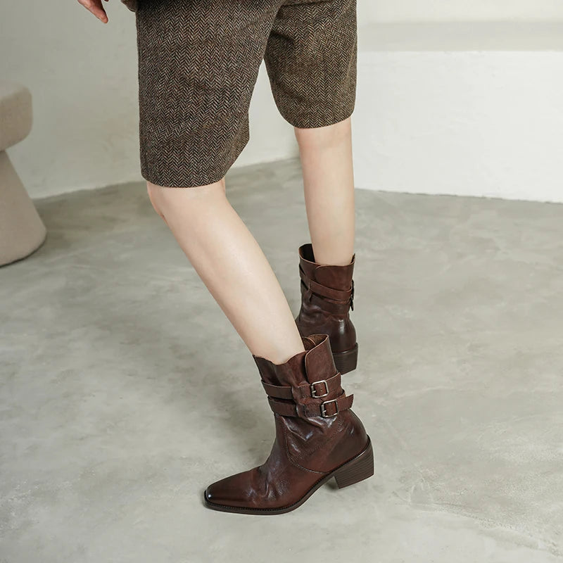 New Women Handmade Genuine Leather Soft and comfortable Ankle Boots Sexy Square Toe Mid Heels Casual 34-40