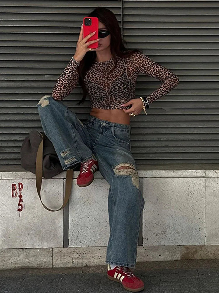 Leopard Mesh Print Top T-Shirt Women's Sexy See-through Slim Short T-Shirt Top Casual Long Sleeve Pullover Top T-Shirt