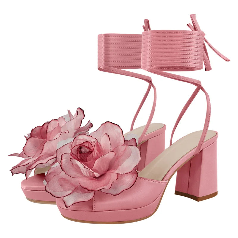 Women Platform Pink Flower Lace-UP Open Toe  Chuny Heeled   Summer Sandals
