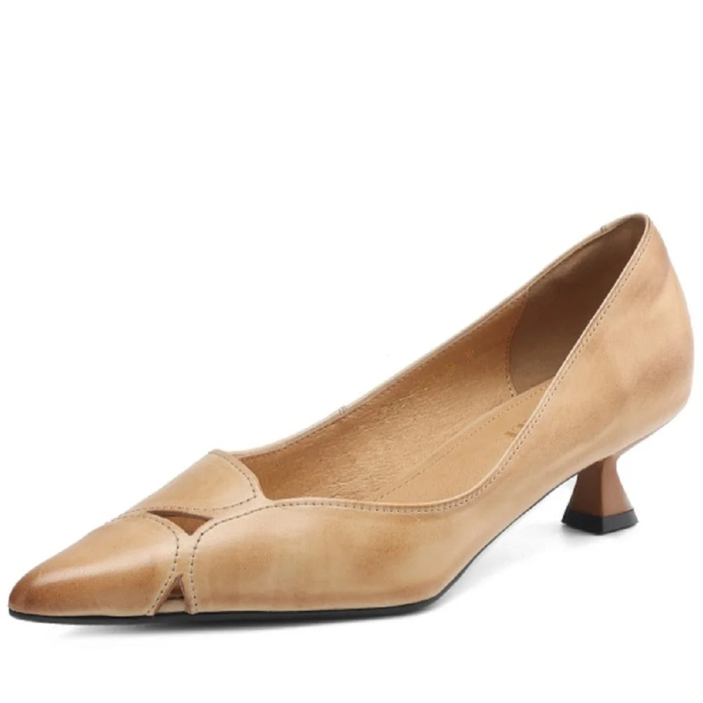 Handmade Genuine Leather Mid Heels Women Pointed Shallow Mouthed Single Shoes Attendant Formal Work Shoes 33-40