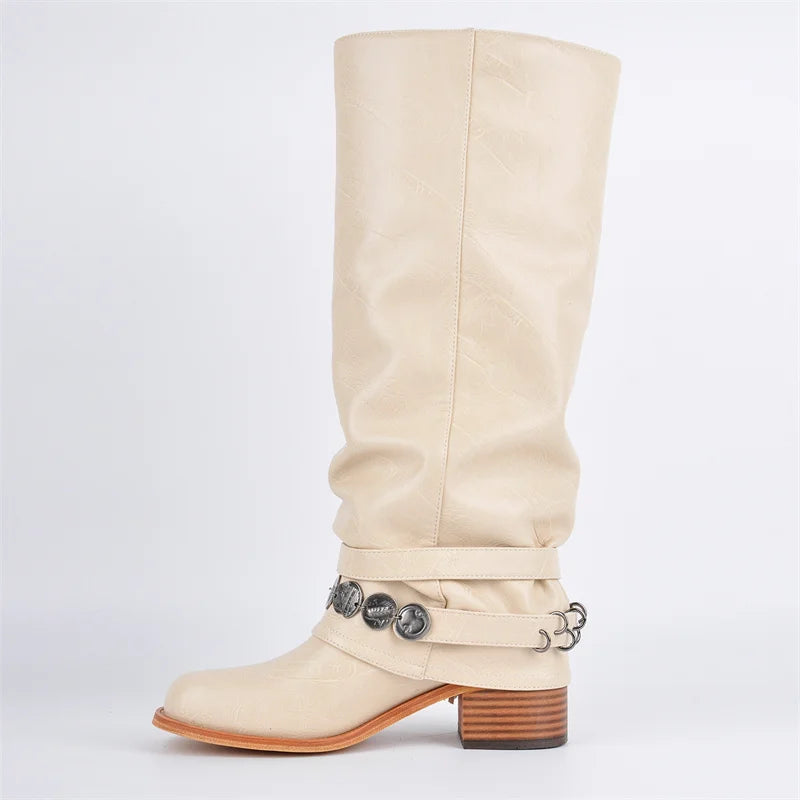 Onlymaker Women Round Toe Fold Over Fringe Knee High Boots Block Heel Fashion  Boots