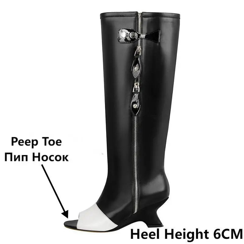 Onlymaker Women  Peep Toe  Matte Shaped Heel Knee High Boots  Fashion Kitten Heel  Female Boots