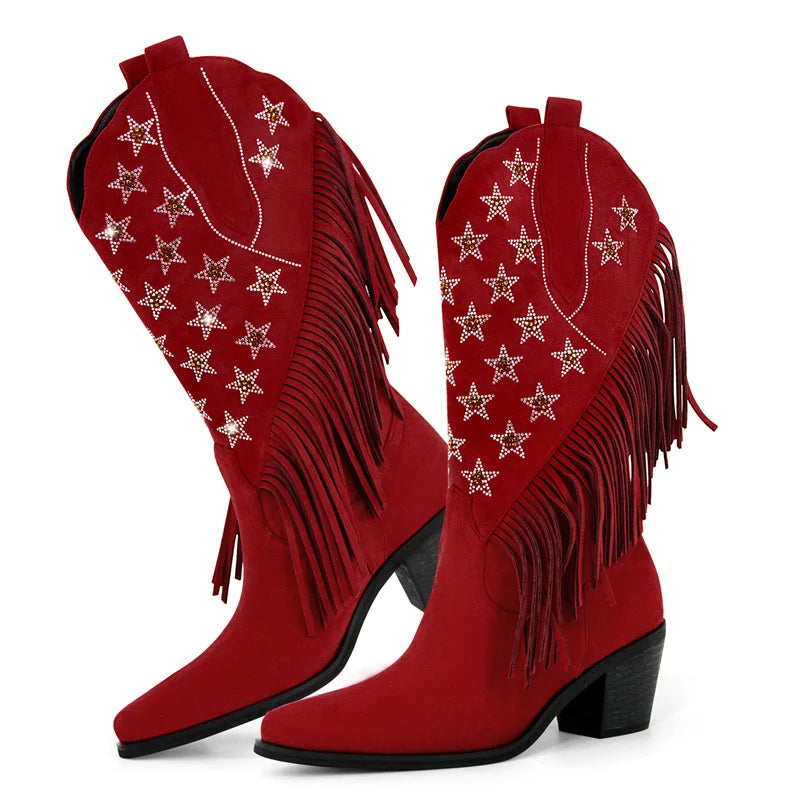 Onlymaker Women Pointed Toe Pull-on Knee High Fringe Cowgirl Boots Comfy Big Size Pull On Rhinestone Mid Calf Western Boots
