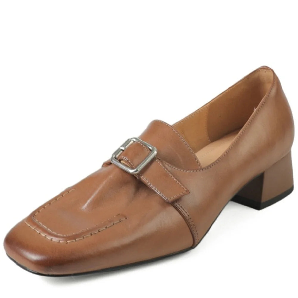 Handmade Genuine Leather Square Toe Thick Belted Women's Shoes Mid Heels Comfortable Cut Buckle Closure 34-40