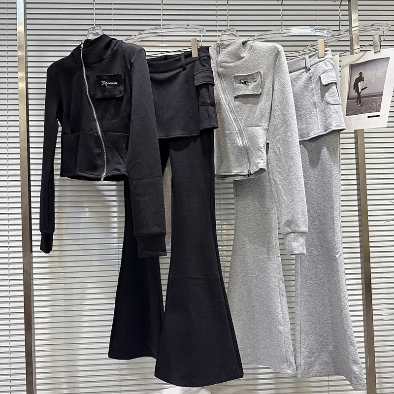 2025 Autumn New Women's Two-pieces Set Diagonal Zipper Hooded Sweatshirt Slim Fit Flared Pants Female Trendy 11A06593