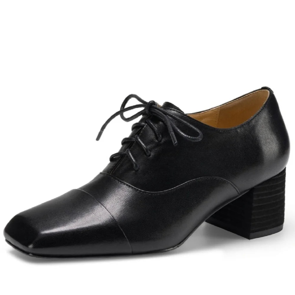 Womens Handmade Genuine Leather Soft comfortable Dress Work Basic Style Shoes Lace-Up Mid Heels Square Toe 34-40