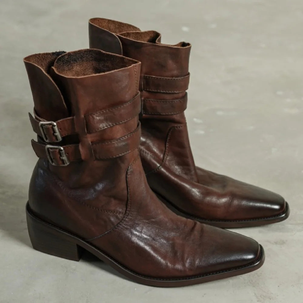 New Women Handmade Genuine Leather Soft and comfortable Ankle Boots Sexy Square Toe Mid Heels Casual 34-40