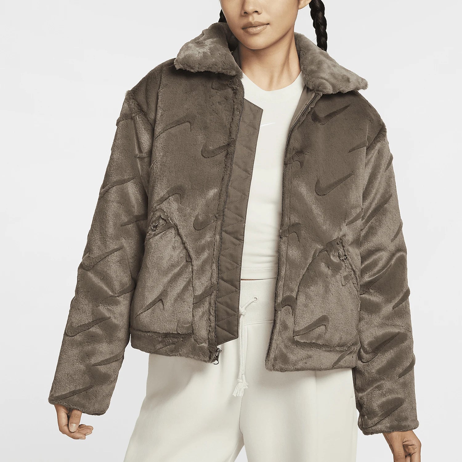 Nike Official Authentic Fall New Women's Loose Faux Fur Collar Jacket FV8020-004