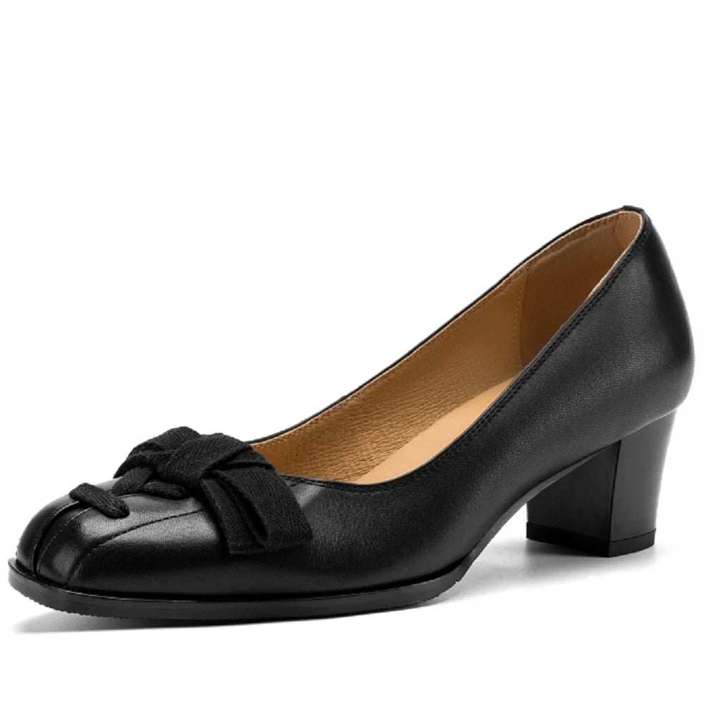 Handmade Genuine Leather Square Toe Mid Heels Butterfly-knot Retro Fashion Breathable Cozy Women Pumps 34-40