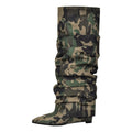Onlymaker Woman Pointed Toe Knee Wedge High Heel Pleated  Fashion Big Size Camouflage Winter Boots