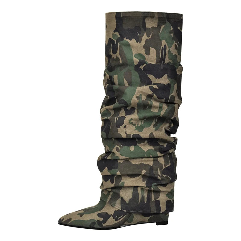 Onlymaker Woman Pointed Toe Knee Wedge High Heel Pleated  Fashion Big Size Camouflage Winter Boots