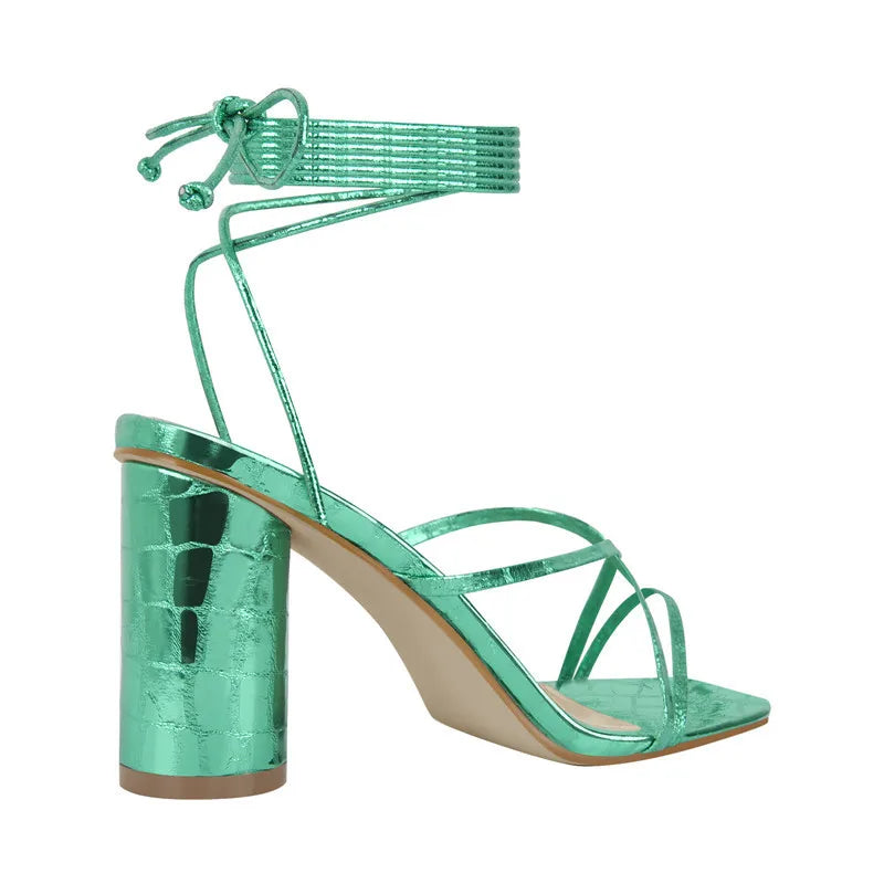 Women Peep Toe Block Chunky High Heel Lace up Open Toe Big Size Dress Sandals