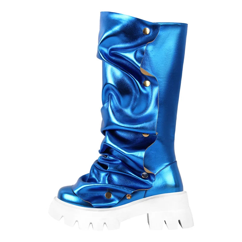 Onlymaker Women Platform Red Fold Over Boots Block Heel Round Toe Western Pull on Fashion Mid-Calf Female Boots