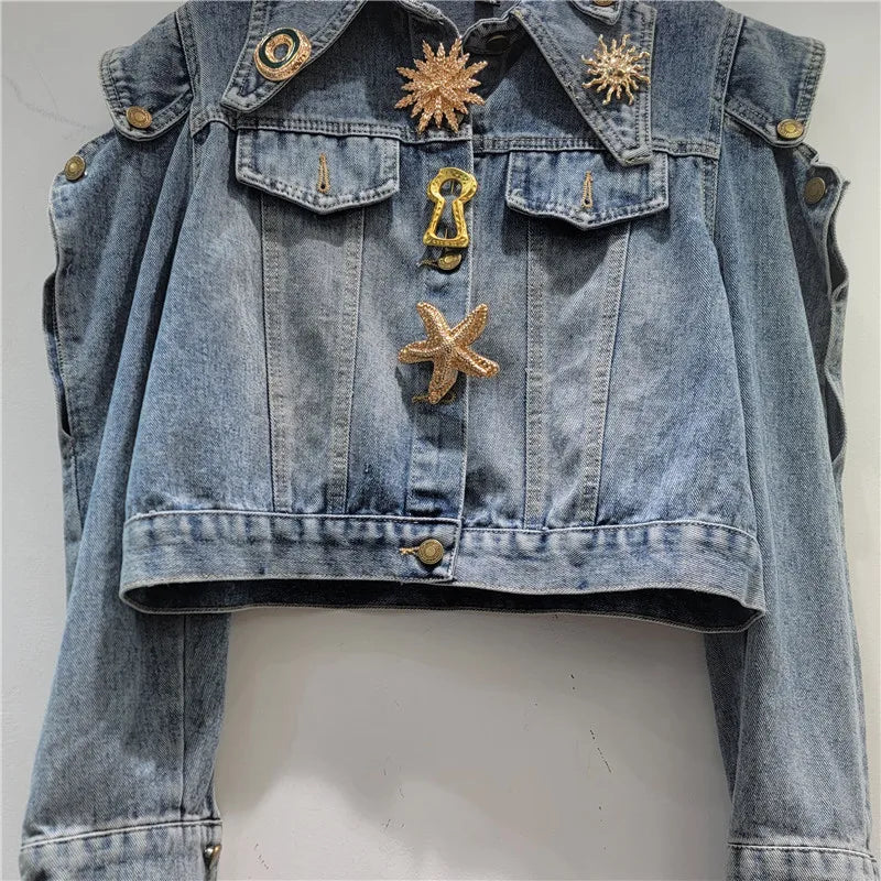 2026 Jeans Jacket Early Spring New Niche Design Shoulder Button Hollow Out Metal Buckle Short Denim Jacket For Women Coat 11A08461