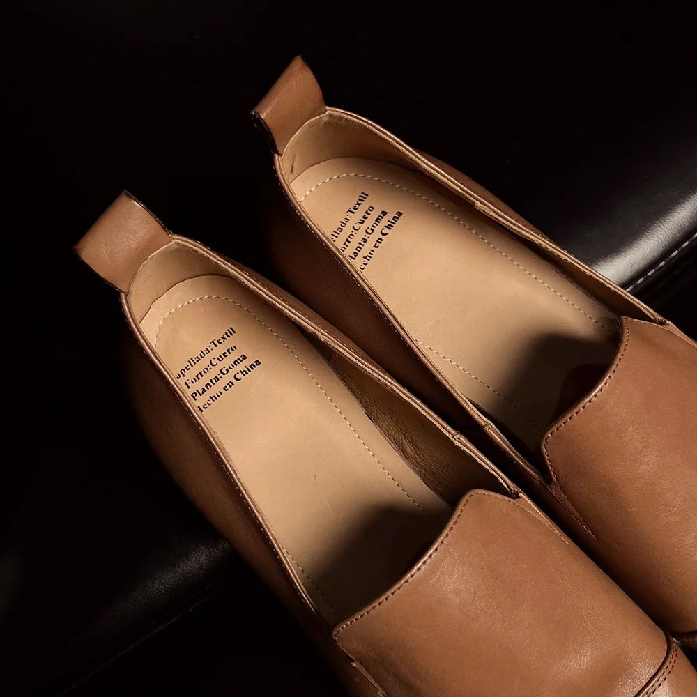 Women's Handmade Genuine Leather Soft and comfortable Shoes Chunky Mid Heel Large Retro Single Shoes 34-40