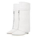 Onlymaker Knee High Boots Women Pointed Toe Black Red Wedge Heel Fold Over Matte Boots Winter Fashion Big Size  Handmade Modern