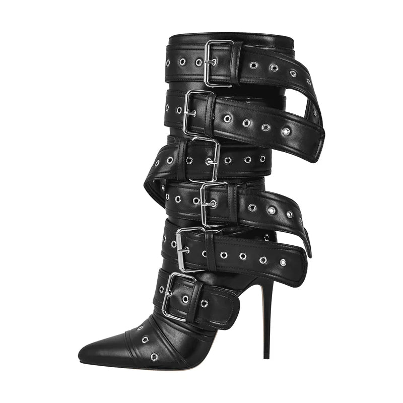 Onlymaker Women Pink Mid-Calf Boots Buckle Strap Thin High Heel Lady Zipper Female Pointed Toe  Stiletto Boots