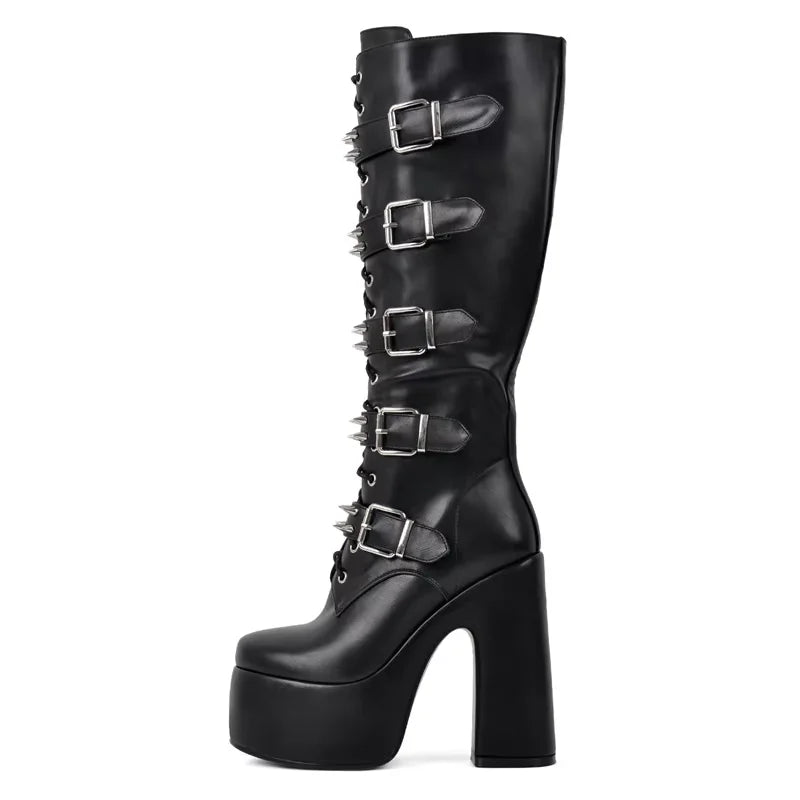Onlymaker Round Toe Platform Boots Chunky Heel Buckle Gothic Boots Side Zipper Rock Couples Cosplay Biker Punk Boots