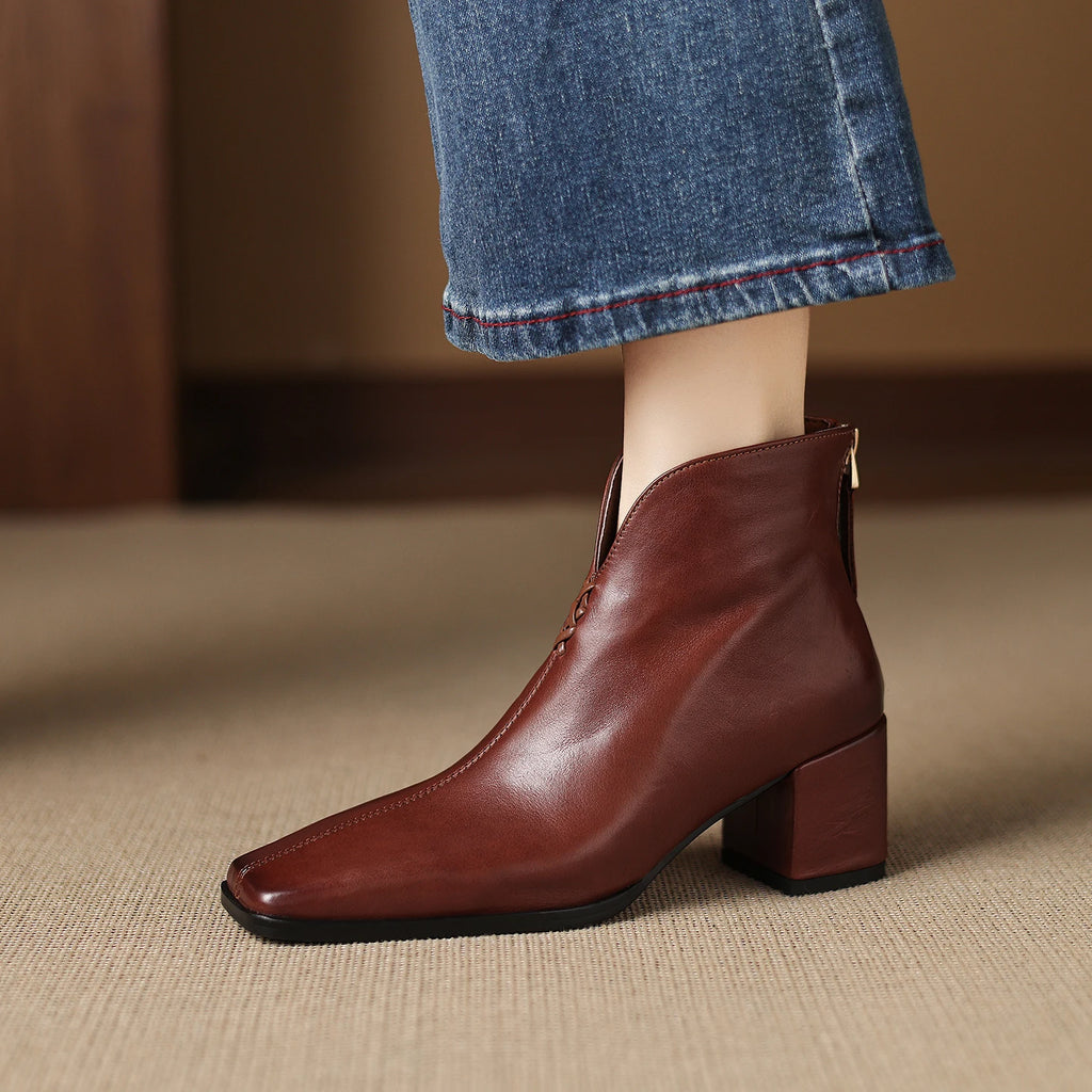 Women Handmade Genuine Leather Square Toe Ankle Boots Solid Womens Short Boots Modern Ladies Shoes 34-40
