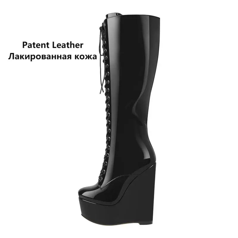 Onlymaker Women Platform Wedge Heels Knee High Boots Lace Up  Side Zip Heeled Plus Size Black Handmade Boots