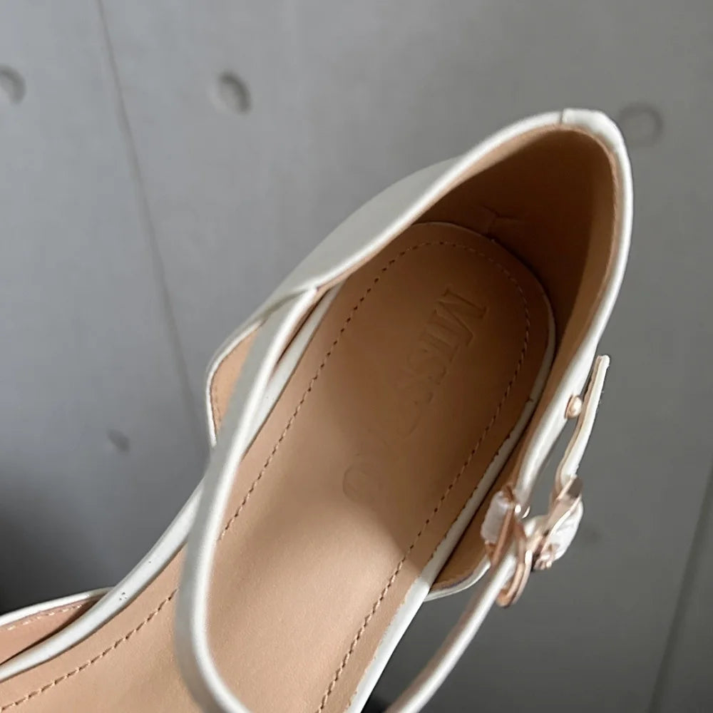 Women Handmade Genuine Leather Soft and comfortable Pointed Toe Strange Heel Rivet Shallow Buckle Strap Shoes