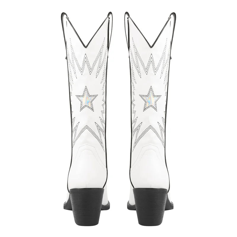 Onlymaker Women Pointed Toe White Pull-on Knee High Cowgirl Boots Big Size Fashion Comfy Women Embroidery Cowboy Boots