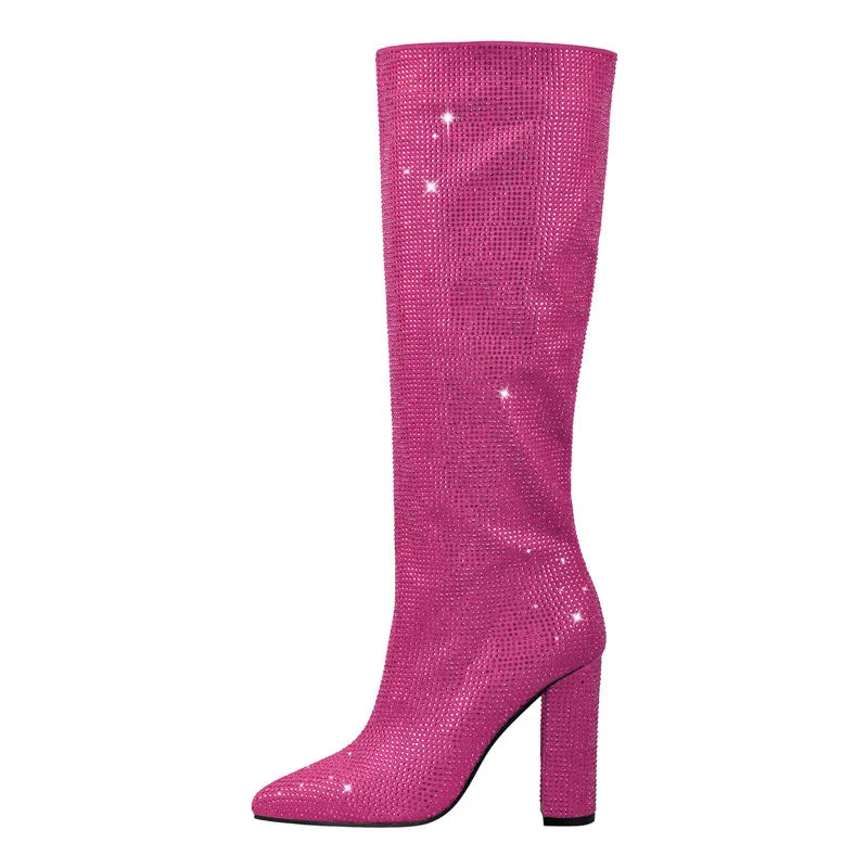 Onlymaker Women Pointed Toe Zipper Square Heels Boots Luxury  Rhinestones Bling Fashion Party Dress Big Size Lady Boots