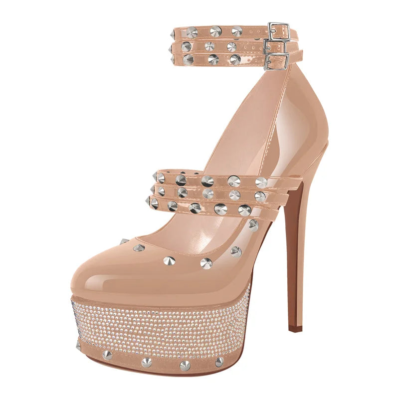 Women Rivet Platform Patent Leather Rhinestone Pumps High Heeled Big Size Ankle Straps Women Stiletto Pumps