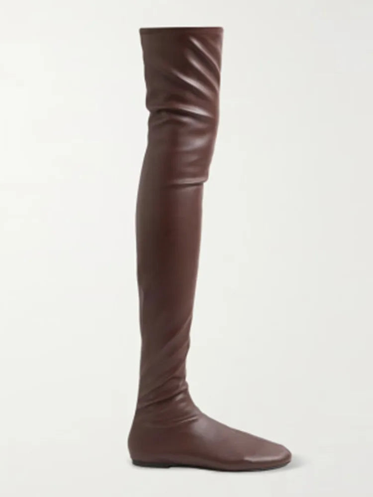 Autumn and Winter Fashion Women's Flat Knee Over Women's Boots Round Head Elastic Boots Women's 34-46 Large Thigh Boots