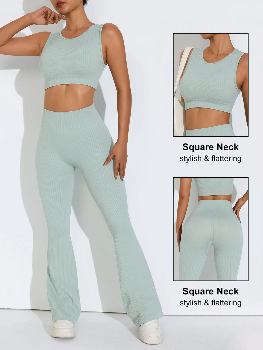 2 pcs/set Seamless Flare Pants Set Ribbed Tank Top Outfit Women's Clothing Breathable Flared Trousers Yoga-to-Street Athleisure