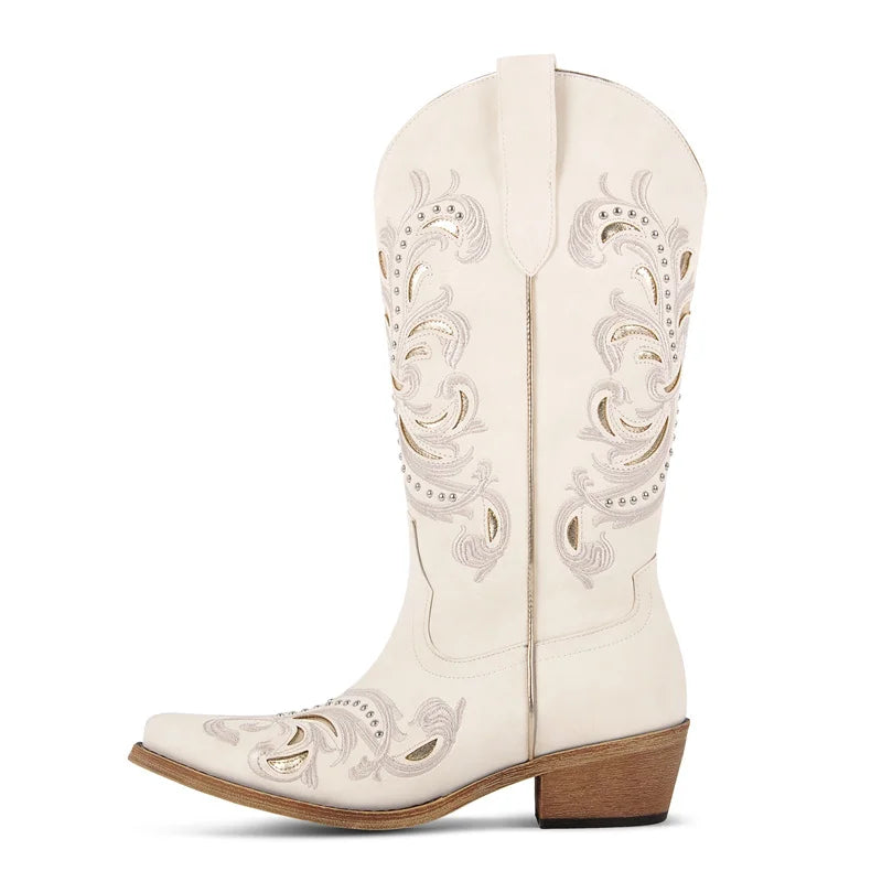Onlymaker Women Pointed Toe Pull On Western Cowgirl Boots Fringed Chunky Heel Embroidery Cowboy Boots