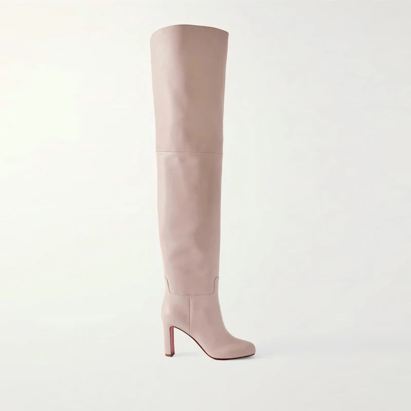 2026 Women's New Black Leather Round Toe Over The Knee Women's Boots, Thick High Heels, Fashionable Size 34-46 Large Women's Boots