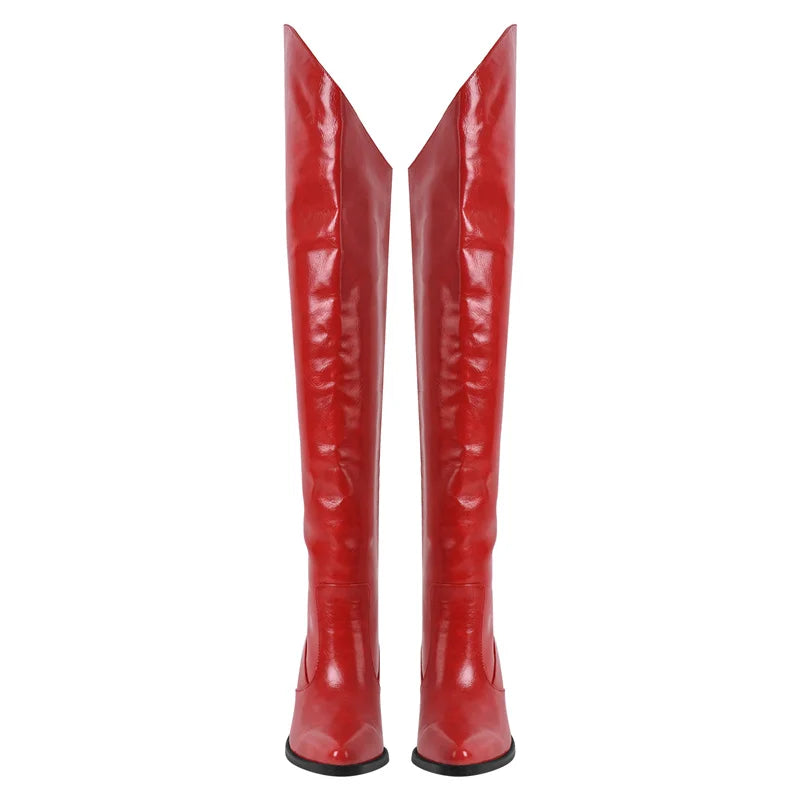 Onlymaker Women Red Pointed Toe Over The Knee High Boots 6.5CM Heel Winnter Thigh Boots