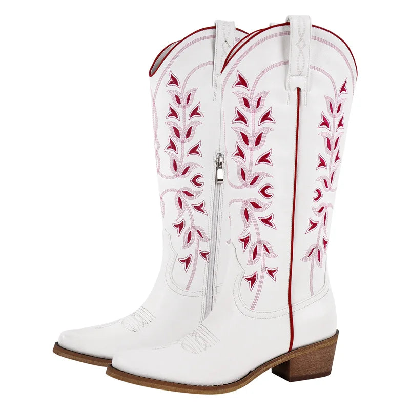 Onlymaker Women Western Cowboy Boots Pointed Toe  Embroidered  Block Heel Fashion Side Zipper Cowgirl Boots