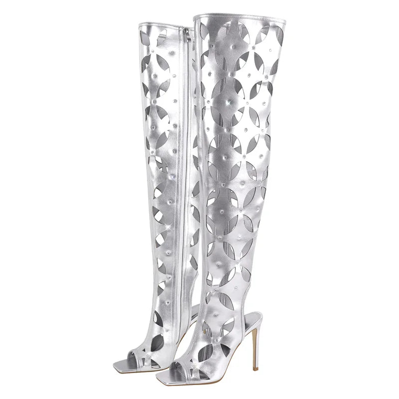 Onlymaker Women Fuchsia Long Boots Concise Peep Toe Stiletto High Heel Shoes Side Zipper Hollow Over The Knee Boots