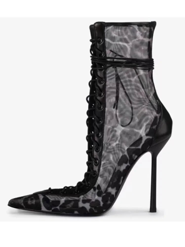 2026 Spring/Summer New Lace Short Mesh Cool Boots Side Zipper Banquet Slimming High Heels Sexy Knee Length Women's Boots