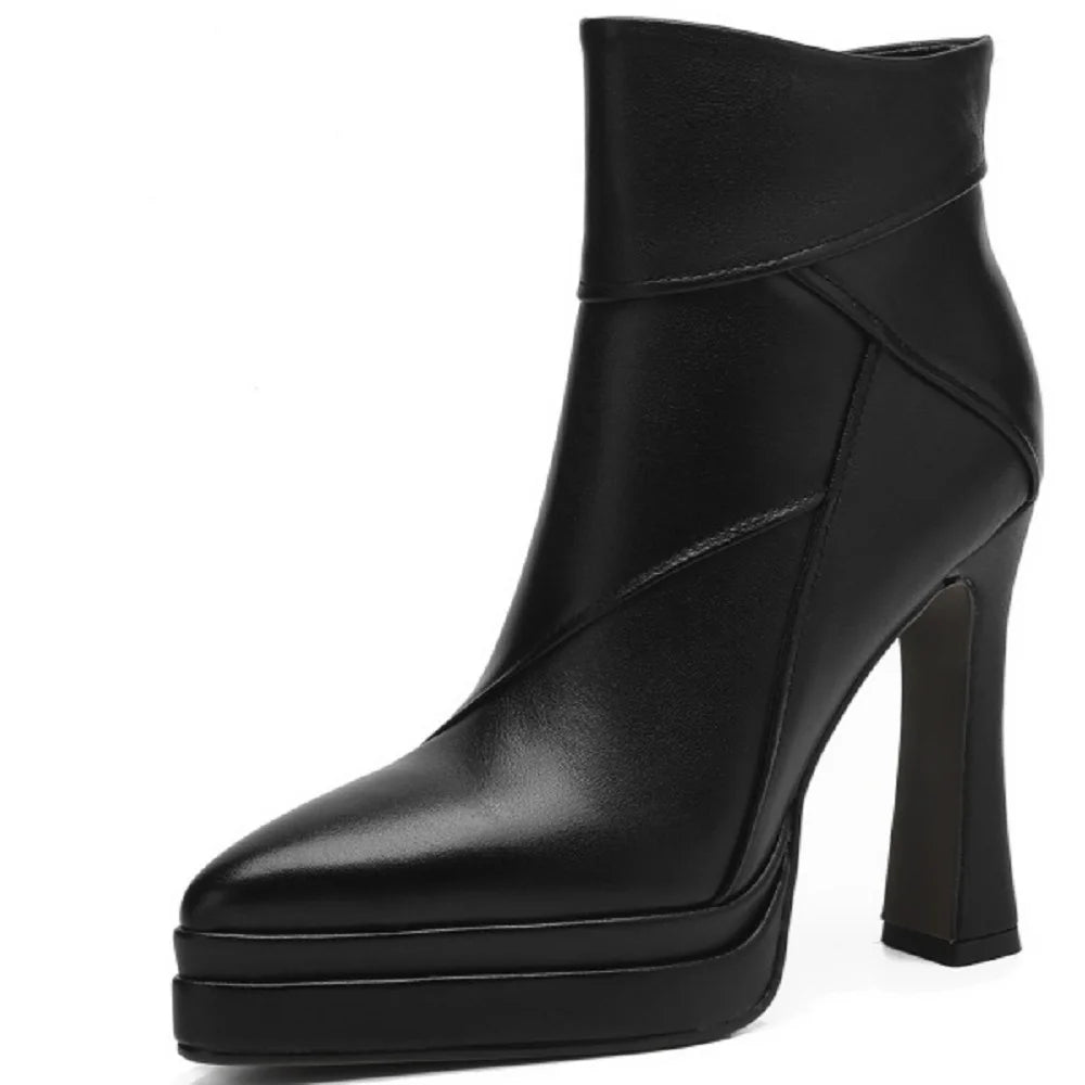 Handmade Genuine Leather Women New High Quality Short Ankle Boots Pointed Zipper Thick High Heels Boots 34-40