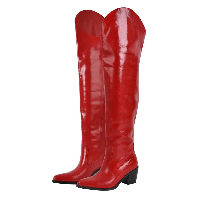 Onlymaker Women Red Pointed Toe Over The Knee High Boots 6.5CM Heel Winnter Thigh Boots