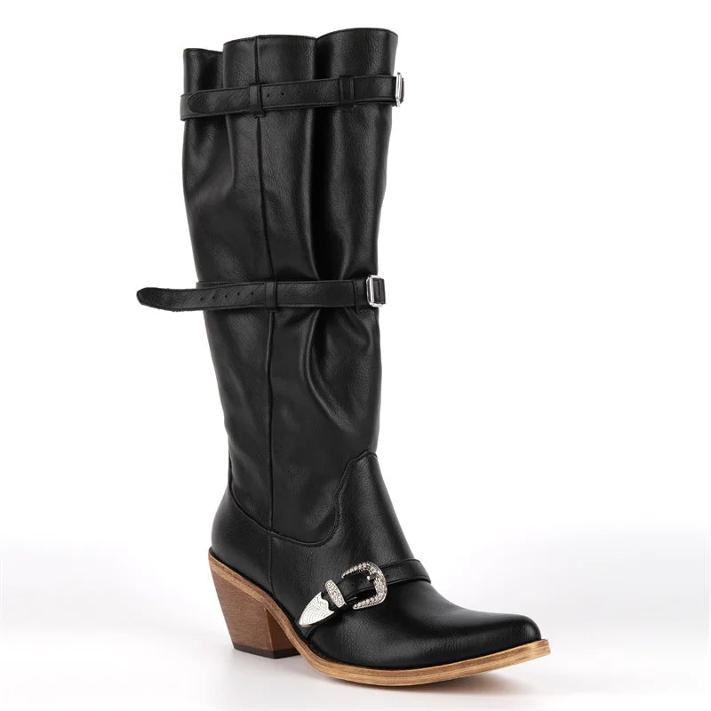 Onlymaker  Pointed Toe Women Western Cowgirl Boots Pull On Belt Buckle Knee High with Chunky Heel  Boots