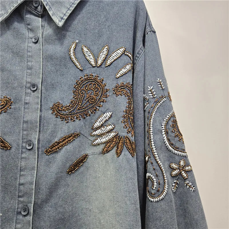 2026 Early Spring New Style Heavy Beaded Embroidery Denim Shirt For Women Loose Versatile Jacket Female Trendy 11A08742