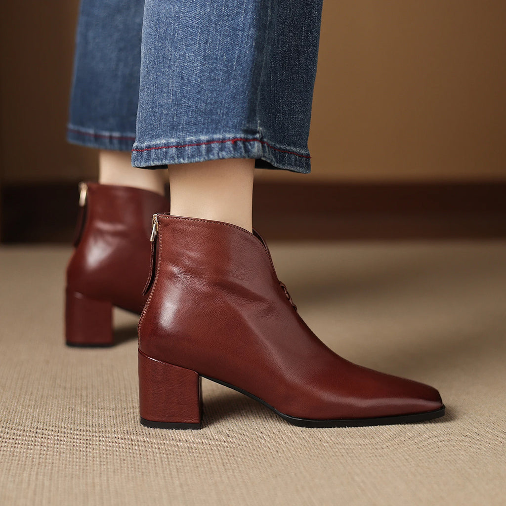 Women Handmade Genuine Leather Square Toe Ankle Boots Solid Womens Short Boots Modern Ladies Shoes 34-40