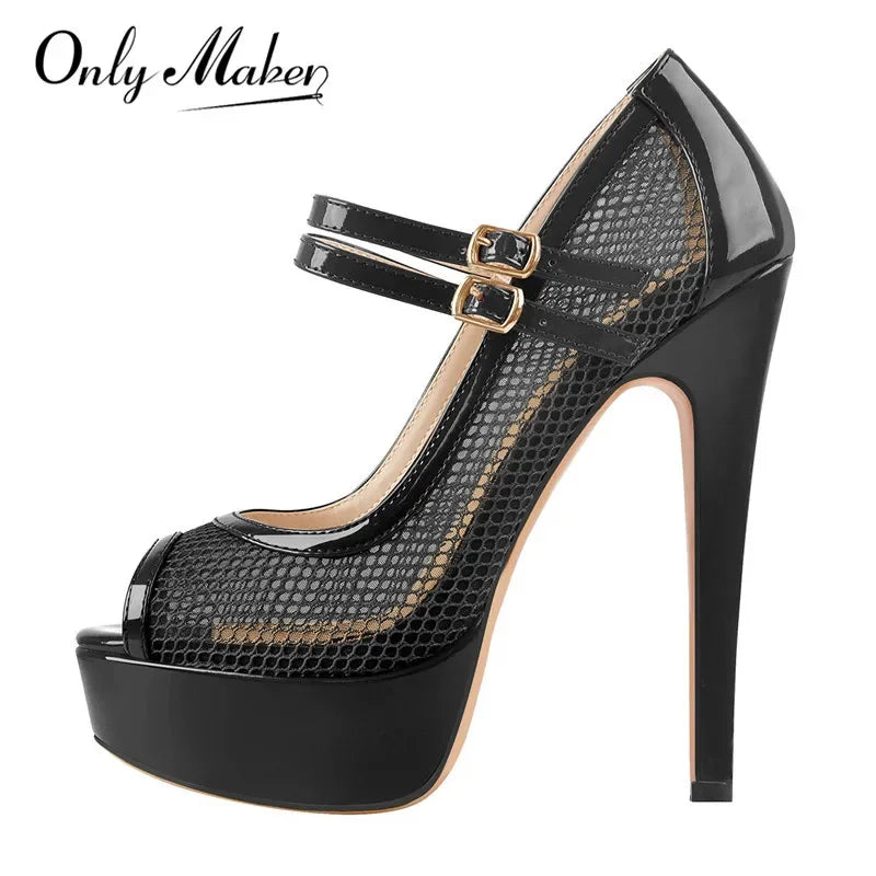Women Black Platform Peep Toe Mesh Spike Pumps Sandals Thin High Heel  Big Size Buckle Strap Party Shoes