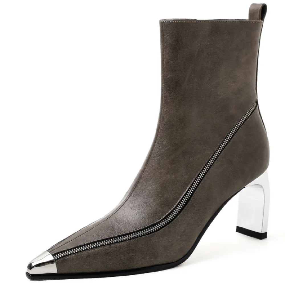 New Brand Handmade Sexy Genuine Leather Female Pointed Toe Zipper Boots Mid Heels Ankle Boots 33-40